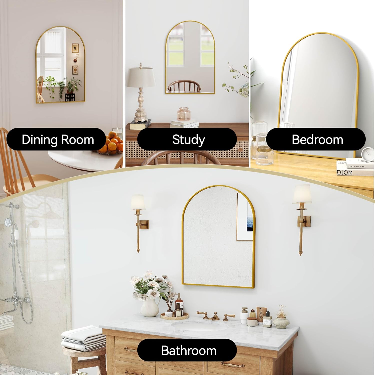 30x20 Bathroom Mirror Arch Wall Mounted/Against Aluminum Frame Gold
