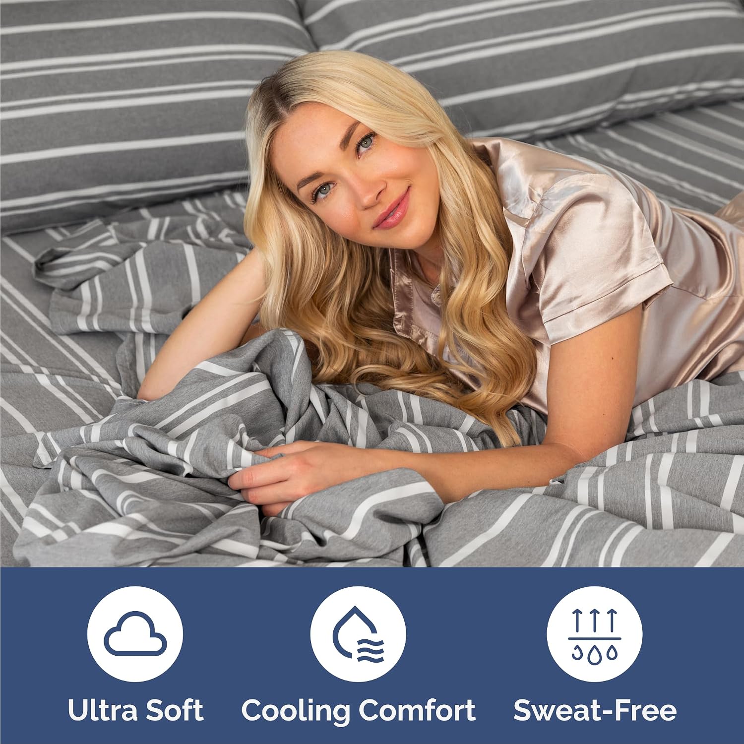 Queen Size 4 Piece Sheet Set - Breathable & Cooling Sheets - Grey Stripes