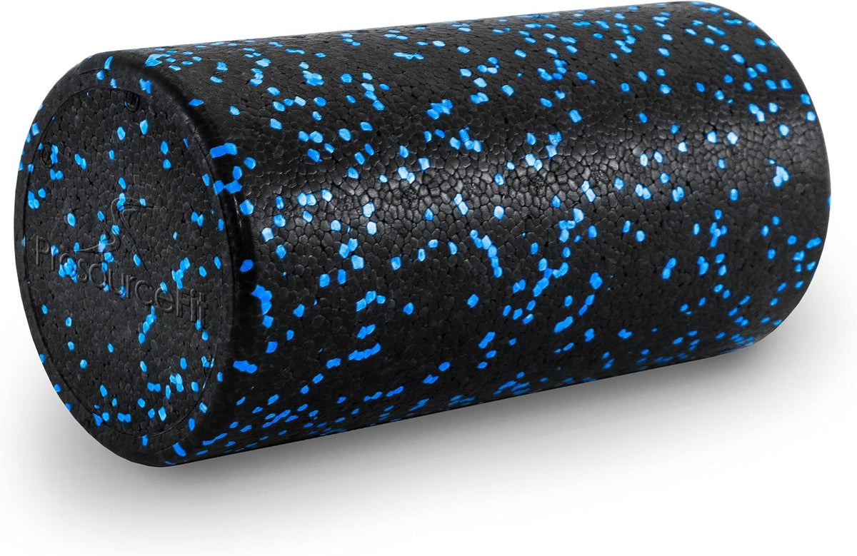 ProsourceFit High Density Foam Rollers 12 - inches long, Firm Full Body Athletic Massage Tool for Back Stretching, Yoga, Pilates, Post Workout Muscle Recuperation, Black/Blue