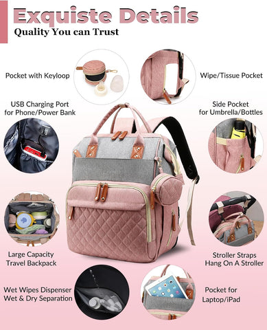 Diaper Bag with Changing Station, Waterproof 3 in 1 Diaper Backpack with Foldable Changing Pad, Large Travel Backpack for Mom & Dad, Baby Gift for Baby Girl & Boy, Pink-Grey