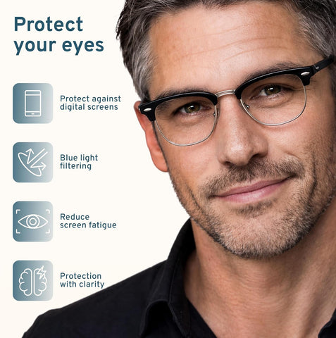 racico Blue Light Glasses for Men Computer - Gaming Blocking Anti Eyestrain UV Clear Lens Vintage Half Frame Fake Eyeglasses