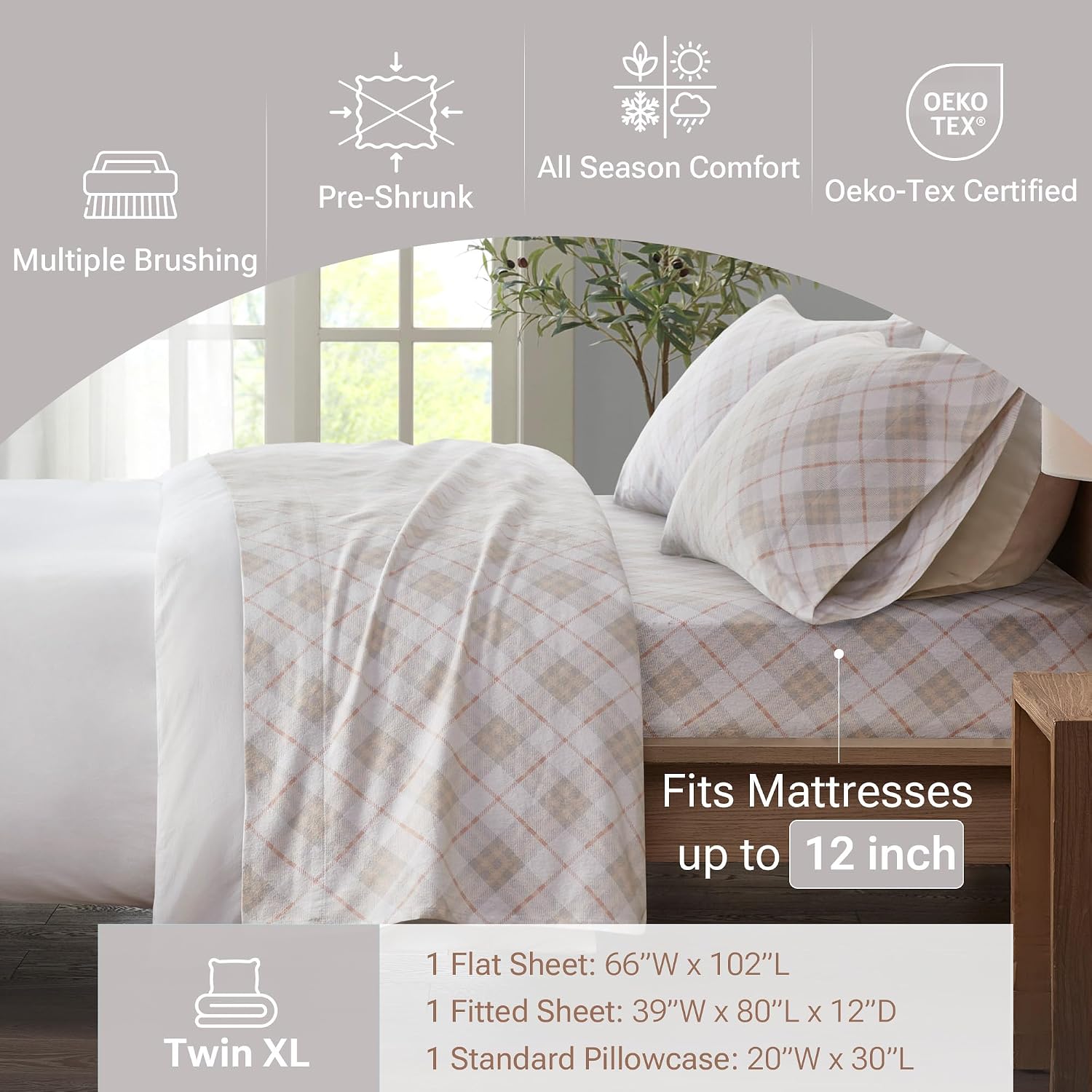 Sleep Philosophy Cozy Flannel Sheets 100% Cotton, Twin XL Sheet Set, 3psc