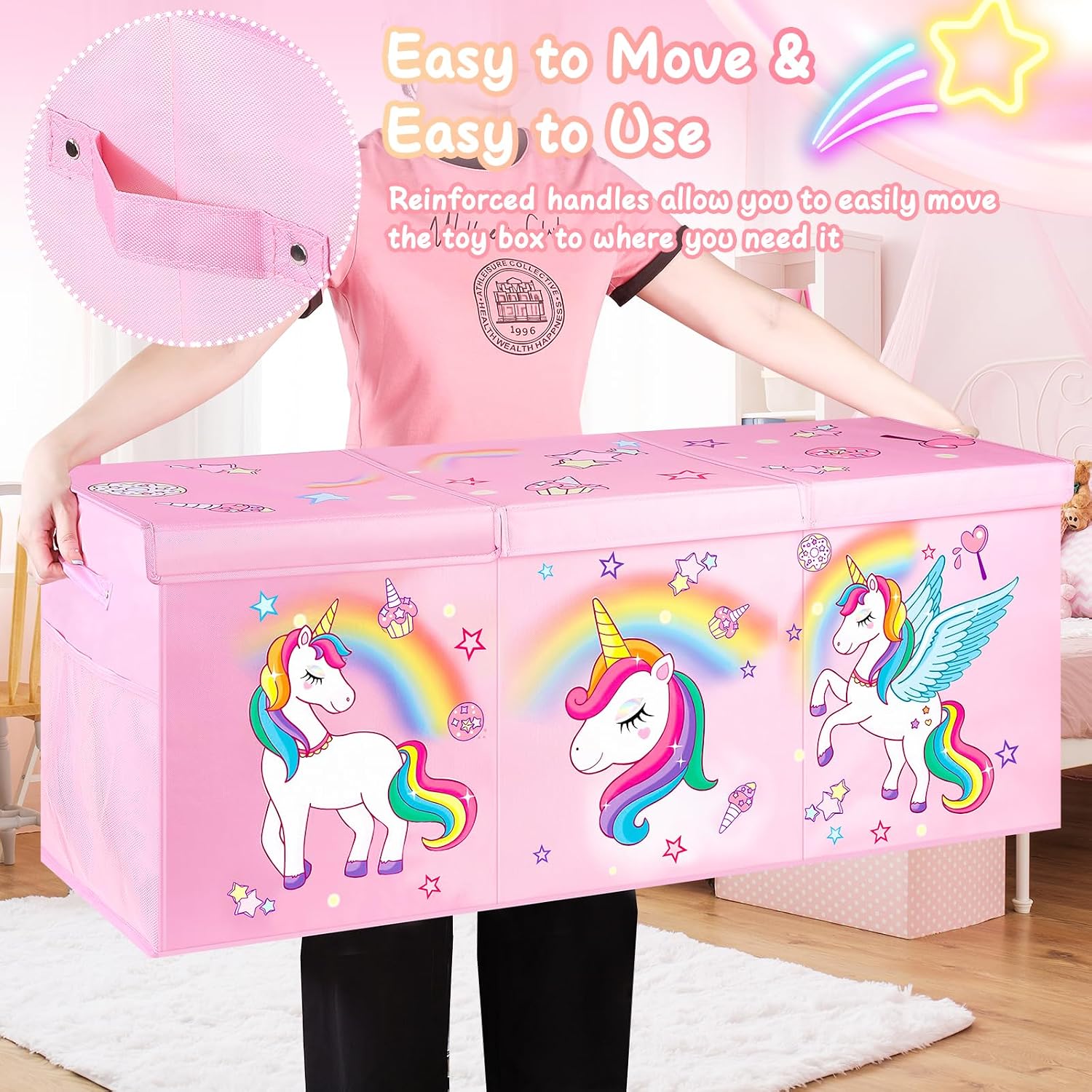 Extra Large Toy Box with Lids, Collapsible Storage Chest, 40"x16"x16" Pink