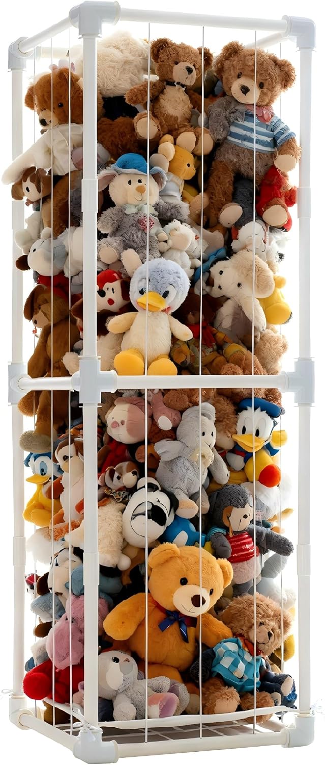 Stuffed Animal Storage Organizer, 58" Extra Large Zoo Cage for 80+ Plushies, Upgraded Quick-Lock Vertical Toy Holder for Kids Room & Playroom (White)