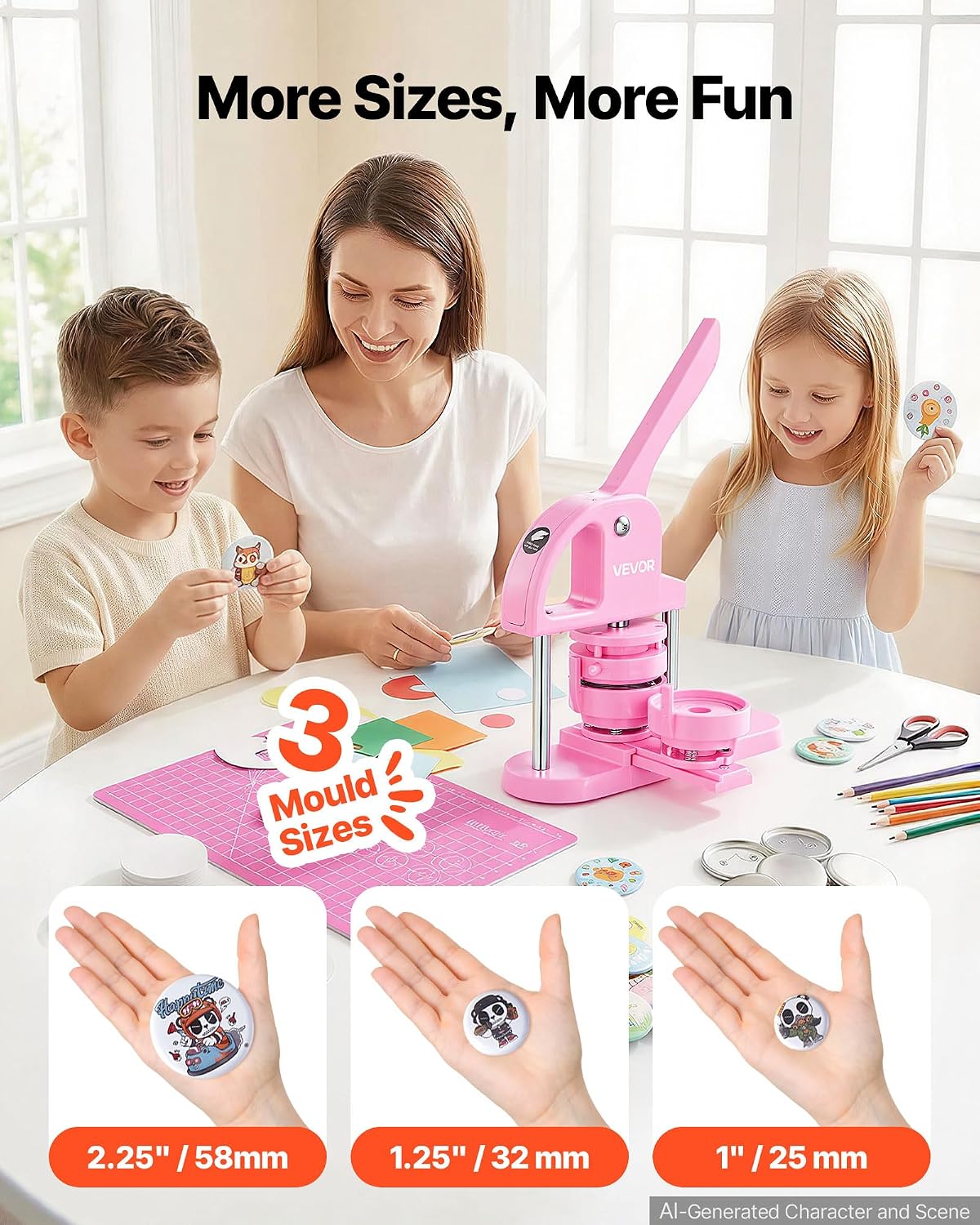 VEVOR 3-in-1 Button Maker - 25/32/58mm (1/1.25/2.25 inch) with 300pcs Parts, Ergonomic Arc Handle Punch, Pin Maker, DIY Gift, Pink