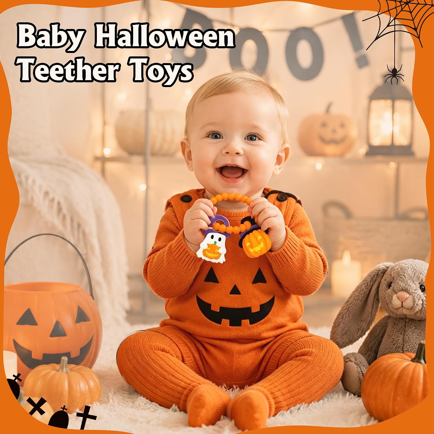 Baby Halloween Teething Toys, Soft Pumpkin & Ghost Textured Silicone Teether for 3-6 6-12 Months, BPA-Free Baby Halloween Teether Toys, Boo Basket Stuffers Sensory Gifts for Infant Boys & Girls