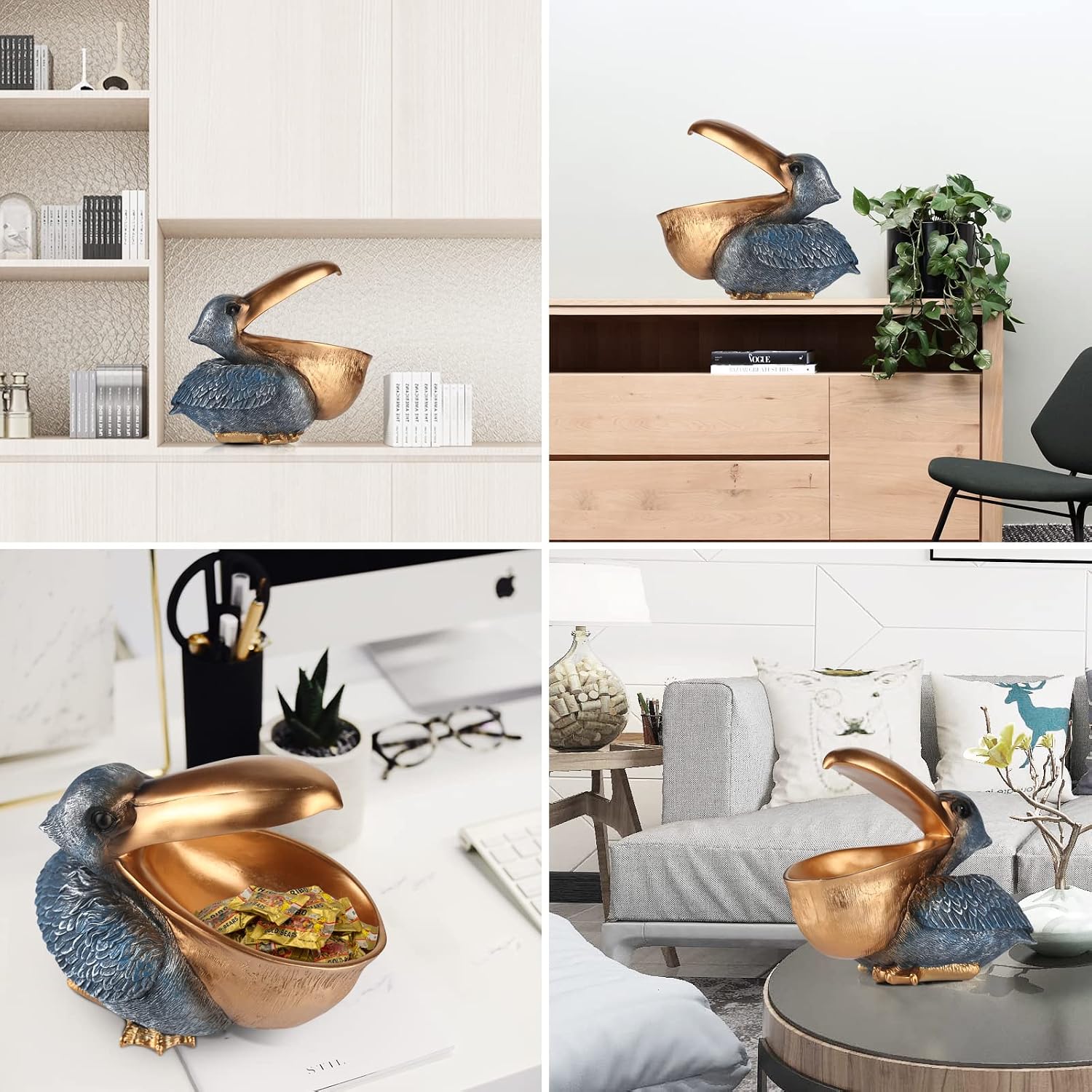 Pelican Key Holder Statues,Fun Animal Hippo Candy Dish,Candy Dish for Office Desk Unique,Modern Key Holder for Pelican Figurine,Suitability Desk candy bowl and Entry Table Decor Items(Gold1)