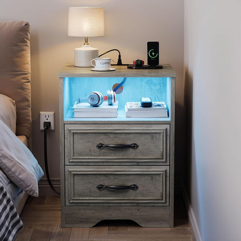 HolliWill Farmhouse Grey Night Stand with Charging Station & LED Light, End Table with 2 Drawers & Open Shelf, Bed Side Table with 2 AC Outlets, USB/USB-C for Bedroom, Living Room