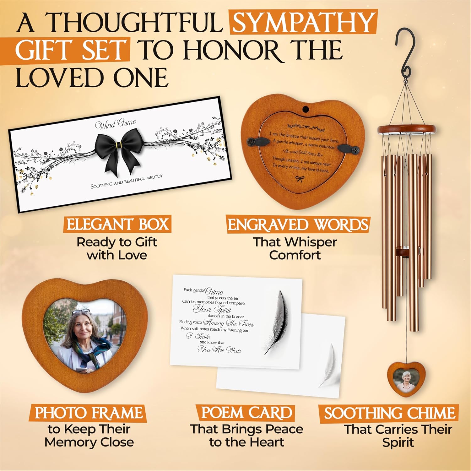 32 inch Golden DIY Photo Insert Memorial Wind Chimes for Loss of Loved One