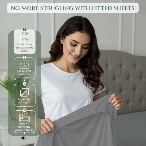 Royale Linens 100% Organic Cotton Twin XL Fitted Sheet Only - Percale Weave - Super Soft Deep Pocket Bottom Sheets - Grey Elastic Sheet - Twin XL Fitted Sheets Only - (39"x80"+15", Grey)