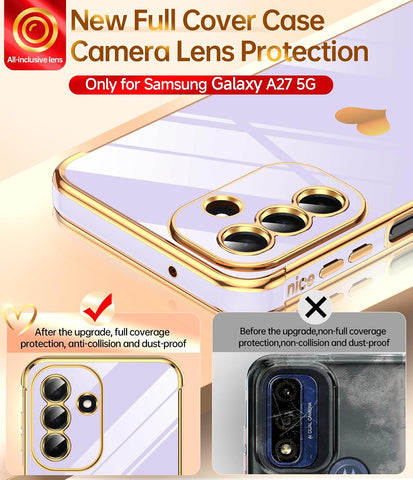 LeYi for Samsung Galaxy A27-5G Case: with Tempered Glass Screen Protector [2 Pcs]+ Full Camera Lens Protection,Love Heart Plating Girly Cute Luxury Soft TPU Shockproof Case 5G,Purple