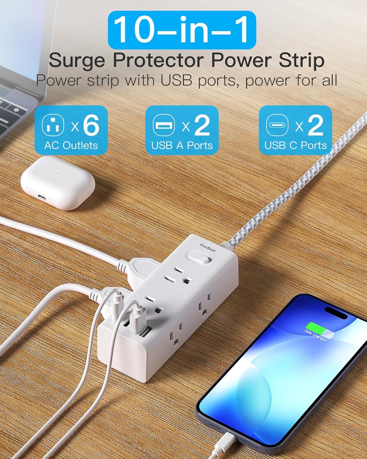 One Beat Surge Protector Power Strip, 6 Outlets with 4 USB Ports(2 USB C)