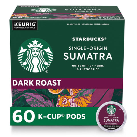Starbucks K-Cup Coffee Pods, Dark Roast Coffee, Sumatra for Keurig Brewers, 100% Arabica, 6 boxes (60 pods total) | 100% Arabica K-Cup pods for Keurig brewers; single-origin Sumatra dark roast; 6 boxes, 10 pods each (60 total)