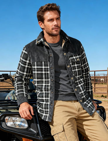 Flygo Men's Sherpa Lined Plaid Flannel Shirt Jacket Snap Button Warm Winter Jacket with Pockets
