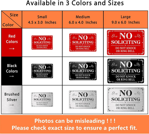 No Soliciting Sign for Front Door, (2 Pack) Self-adhesive No Soliciting Sign for House, 9 x 6 inches Aluminum Metal Signs for Yard (Black/White, Large 9 x 6 inches)