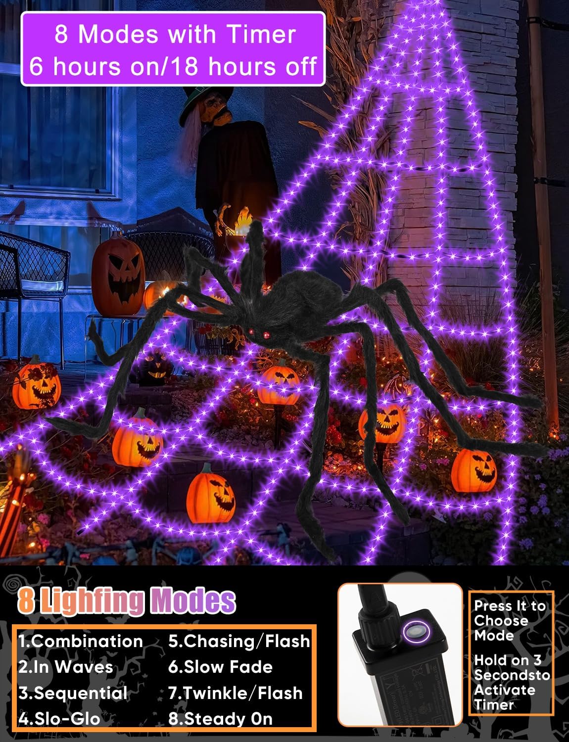 Halloween Decorations Outdoor Spider Web Lights - 16.4Ft Light Up Spider Web with 550 LEDs, Waterproof, 8 Modes Memory Function for Outdoor Yard Halloween Decorations (with Spider)