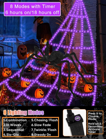 Halloween Decorations Outdoor Spider Web Lights - 16.4Ft Light Up Spider Web with 550 LEDs, Waterproof, 8 Modes Memory Function for Outdoor Yard Halloween Decorations (with Spider)