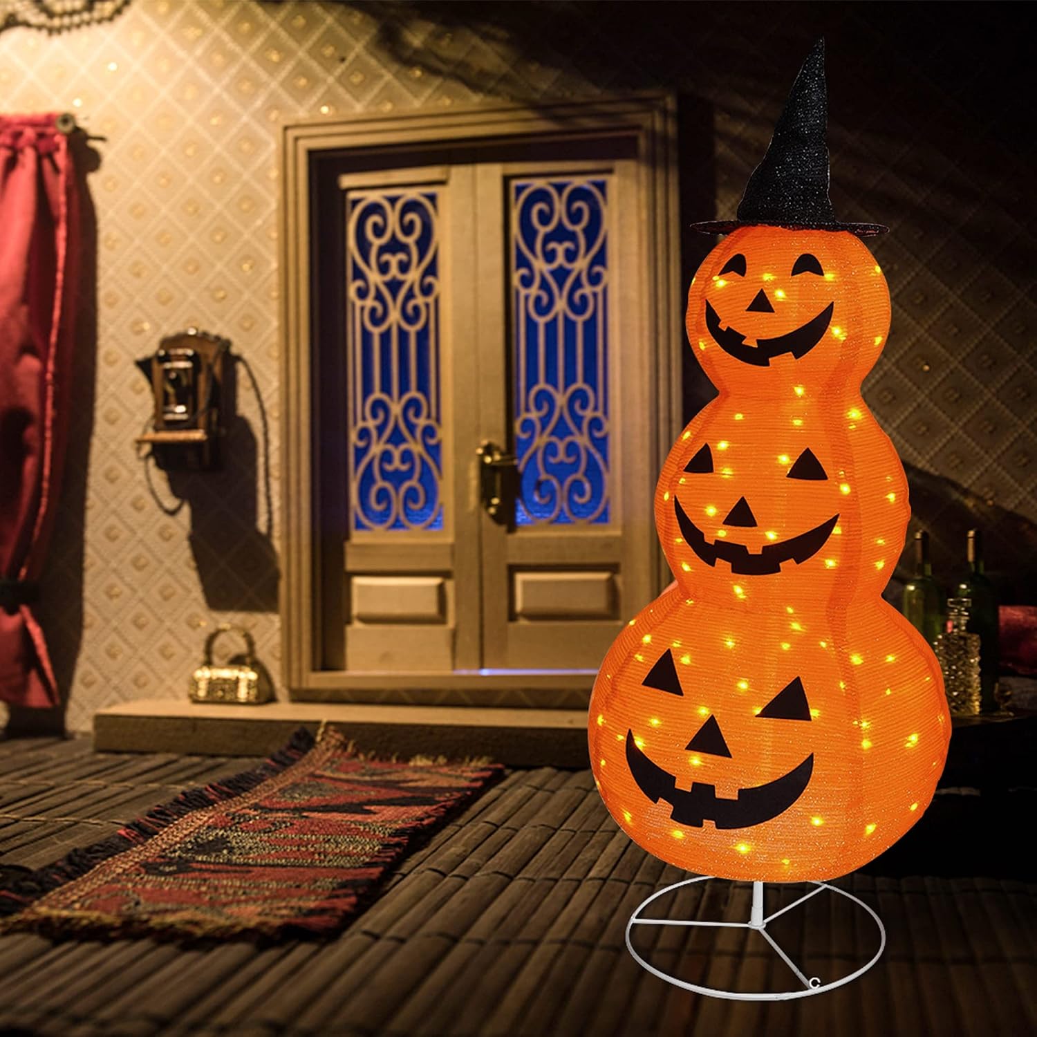 FUNPENY Halloween Collapsible Pumpkin Decorations, Pre-Lit Light Up Pumpkin with Hat, Pop Up Jack-o-Lantern with Metal Stand for Indoor Outdoor Yard Holiday Decor (5FT Pumpkin)