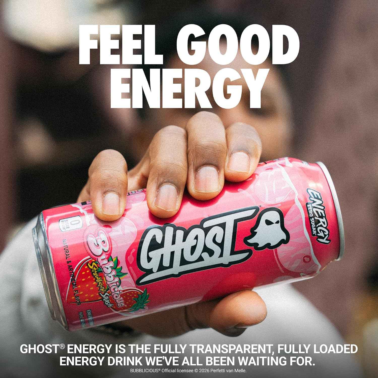 GHOST Energy Drink, Zero Sugars, 12-Pack - Bubblicious Strawberry Splash