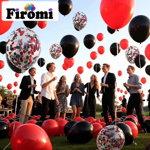 Firomi Red and Black Latex Balloons 12 Inch 70 pack Set (with 2 Ribbons)