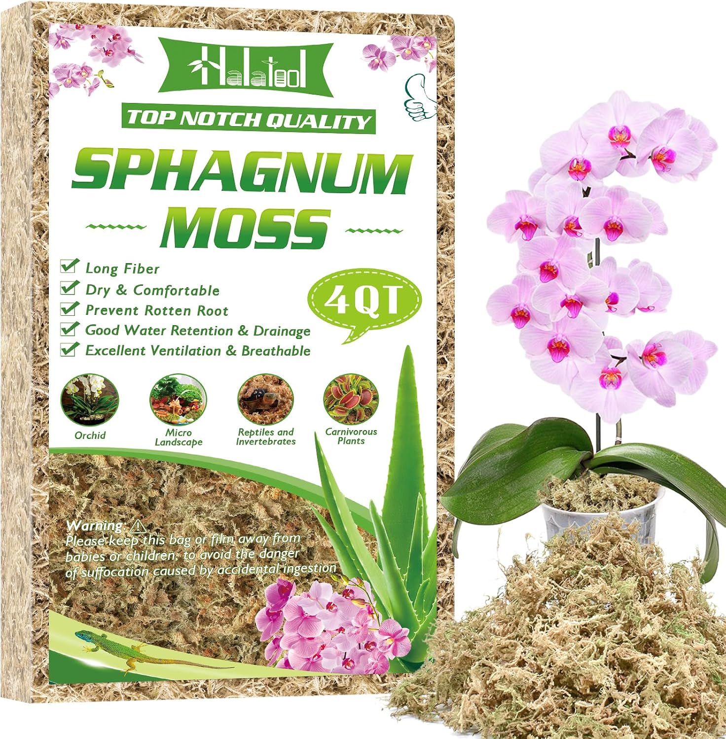 Halatool 3.6 OZ Sphagnum Moss for Plants, 4 QT Long Fiber Dried Orchid Moss