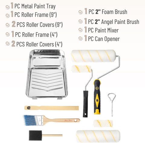 Bates- Paint Tray Set, Paint Roller Kit, 11 pcs, 9" & 4" Rollers, Small Roller, Trays & Covers for House Painting Supplies