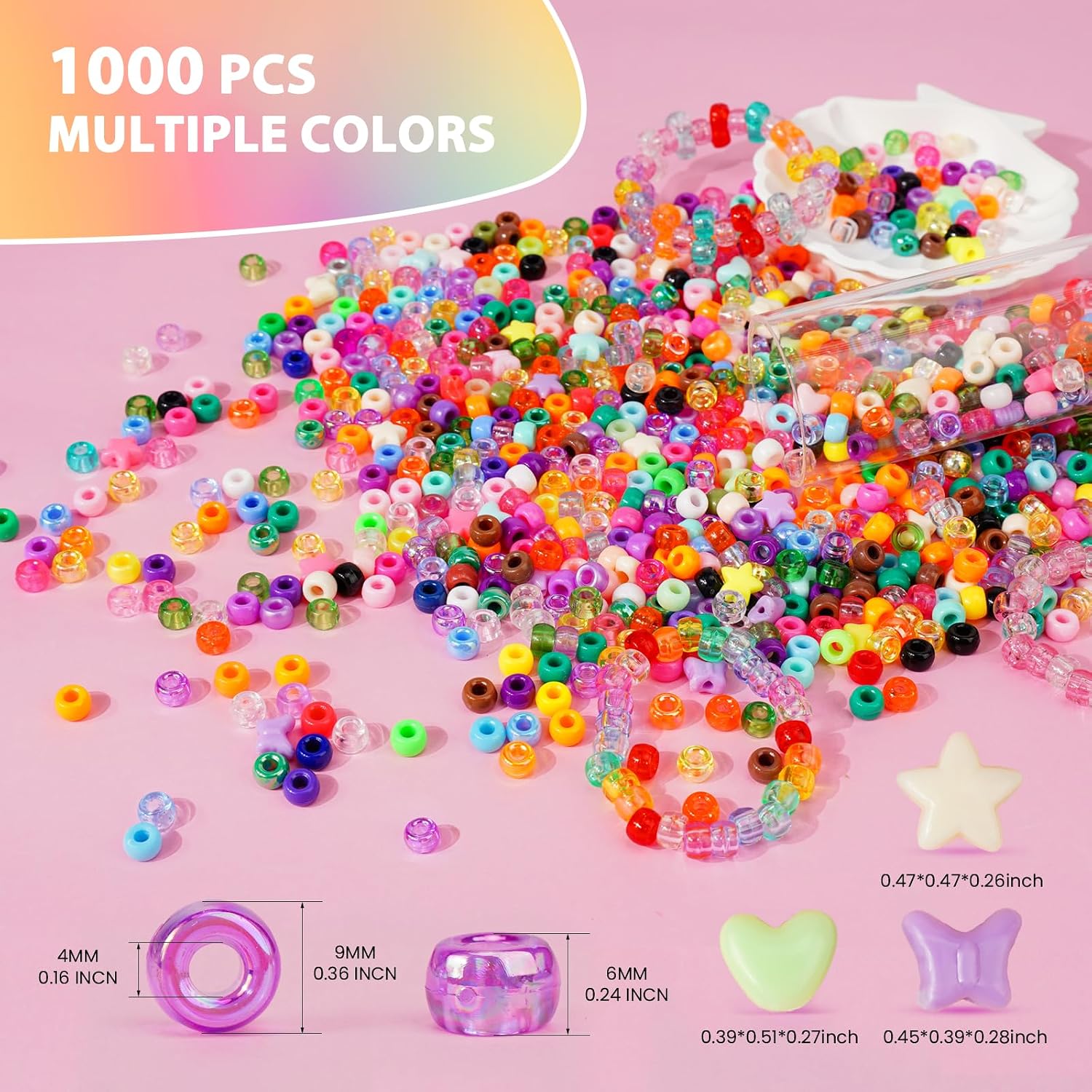 Pony Beads 1000+pcs Plastic 9mm Rave Kandi Spacer Bead for Jewelry Making, DIY Face Mask Hair Bead Bracelet Making Kit for Girls, Cute Heart Star Butterfly Shape Beads