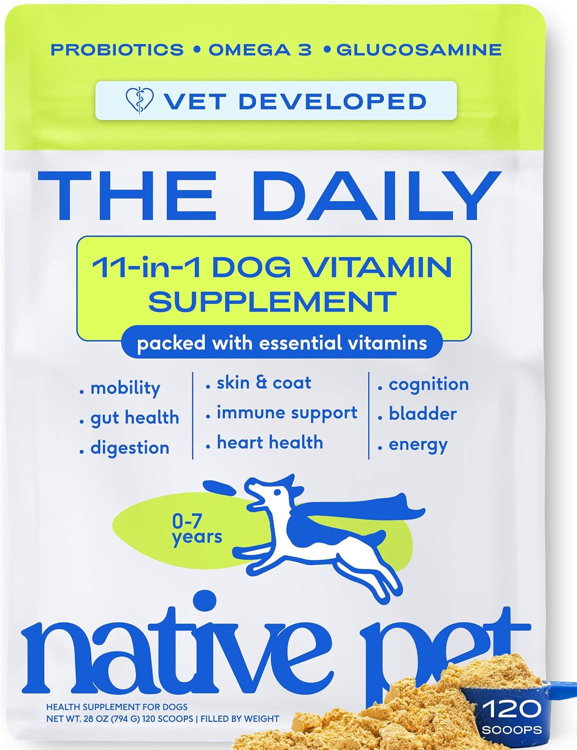 Native Pet The Daily Dog Vitamins & Supplements - 11-in-1 Multivitamin for Dogs - Daily Powder Supplement with Probiotics, Collagen - 120 Scoops