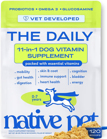 Native Pet The Daily Dog Vitamins & Supplements - 11-in-1 Multivitamin for Dogs - Daily Powder Supplement with Probiotics, Collagen - 120 Scoops