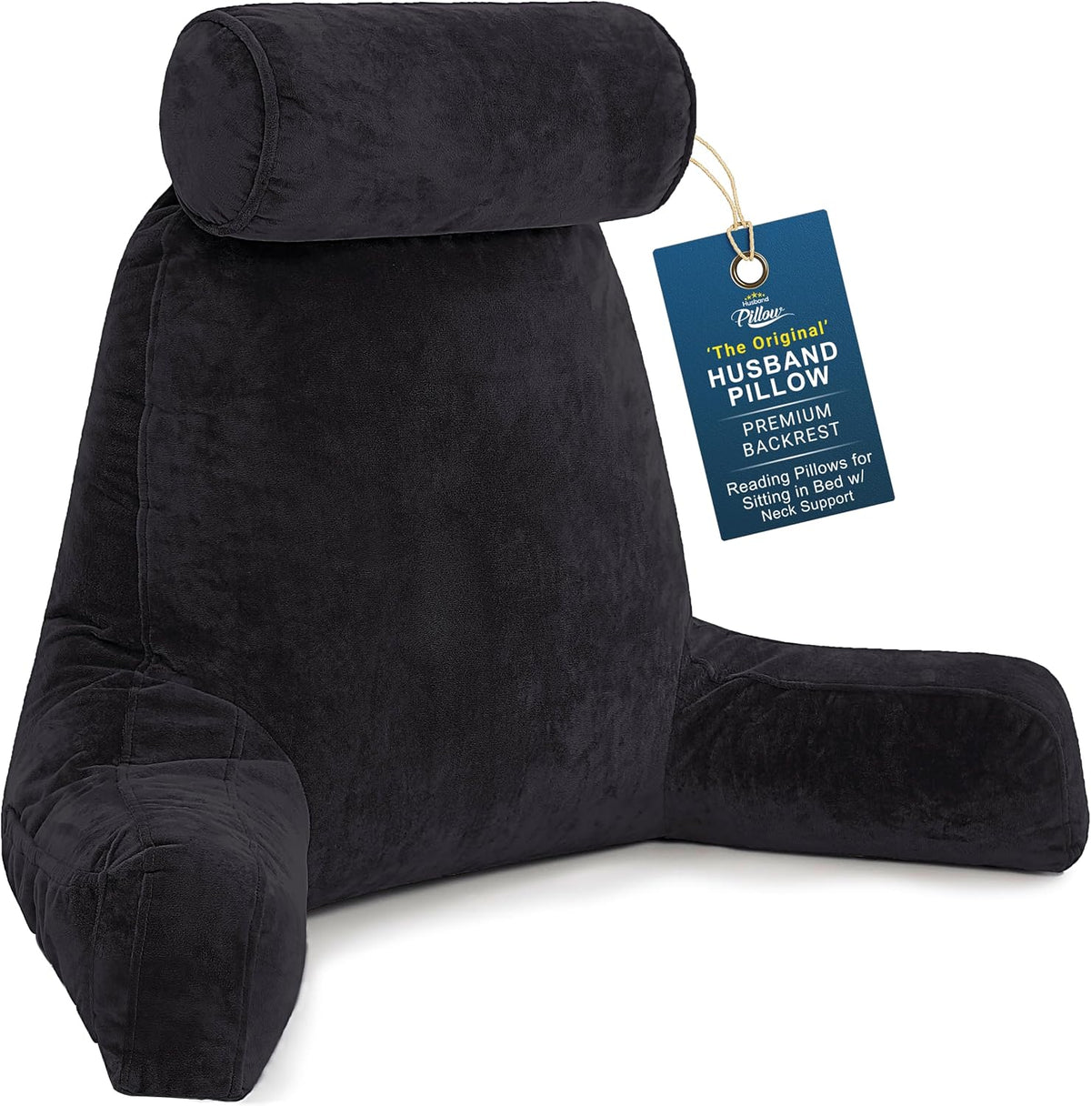 Husband Pillow XXL The Original for Adults - 30" Tall Backrest for Sitting Up in Bed - Firm Support Reading & Bed Rest Pillows for Adults, Neck Roll, Removable Cover - TV - Black