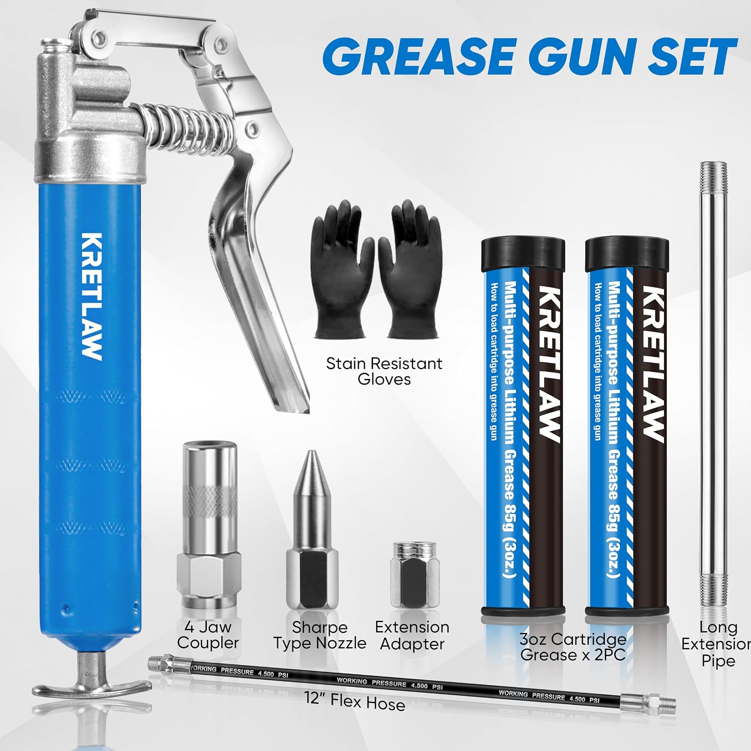 KRETLAW Mini Grease Gun (3000PSI) with Double 3oz Cartridge Grease and 12'' Flex Hose, Reinforced Coupler for Automotive,Marine