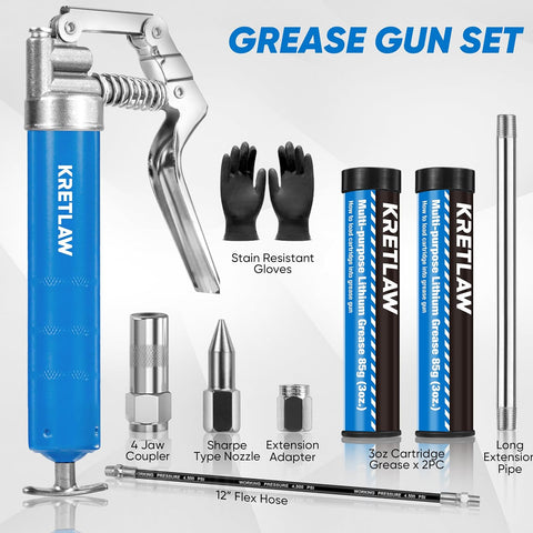 KRETLAW Mini Grease Gun (3000PSI) with Double 3oz Cartridge Grease and 12'' Flex Hose, Reinforced Coupler for Automotive,Marine