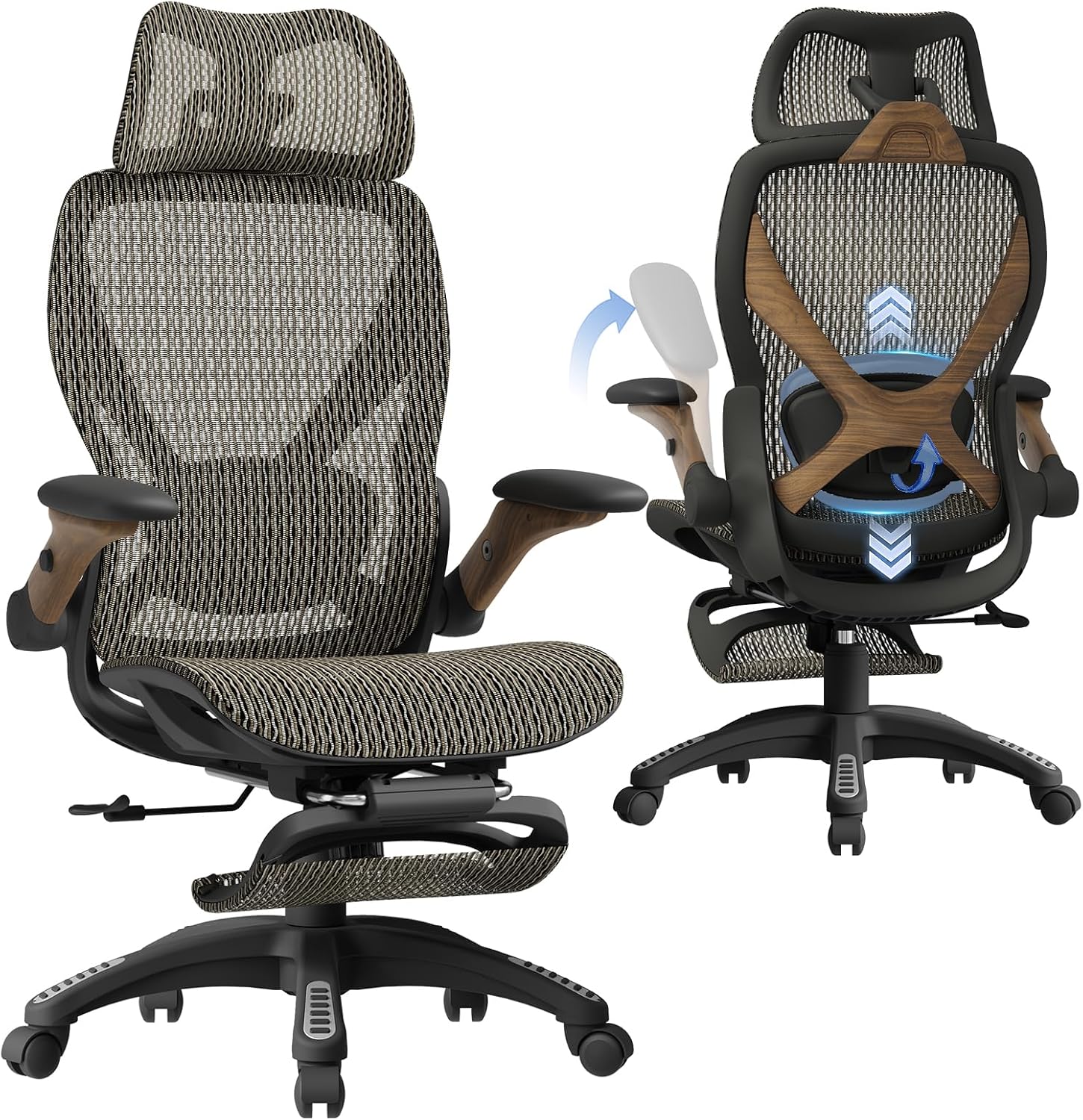 ELABEST X100 Ergonomic Mesh Office Chair with Footrest, Big and Tall Home Desk Chair with 5D Flip-Up Arms, Adjustable 3D Lumbar Support, Gaming & Executive Computer Chair (Coffee Break)