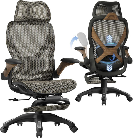 ELABEST X100 Ergonomic Mesh Office Chair with Footrest, Big and Tall Home Desk Chair with 5D Flip-Up Arms, Adjustable 3D Lumbar Support, Gaming & Executive Computer Chair (Coffee Break)