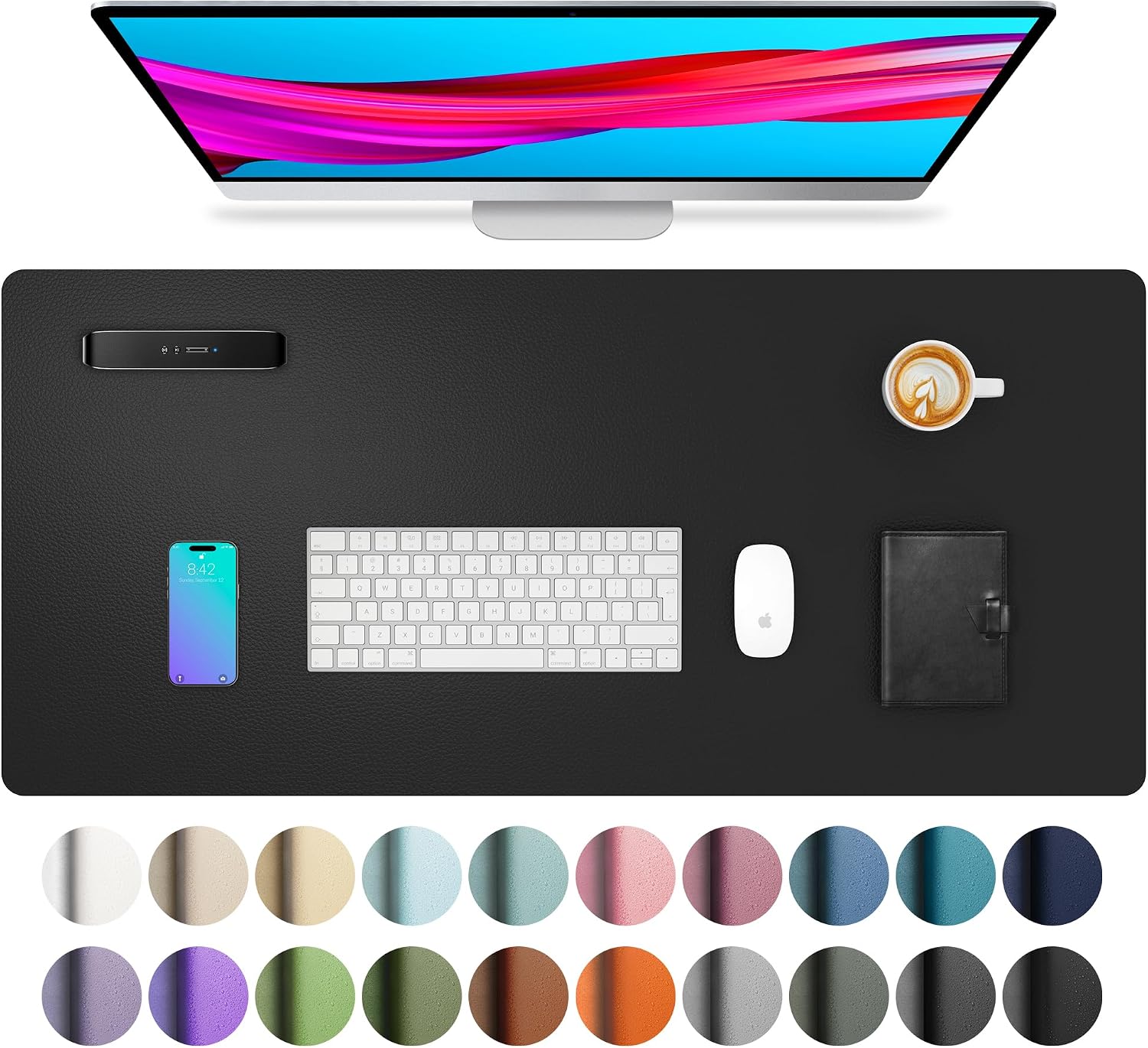 Aothia Non-Slip Waterproof PU Leather Desk Pad Protector for Mouse, Writing Desk, Office, Home, Laptop Blotter, 23.6" x 13.7", Black
