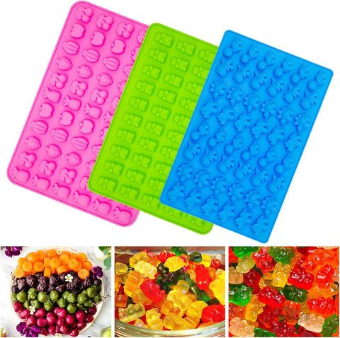 3Pcs Gummy Candy Molds - Silicone Mini Gummy Bear/Dinosaur/Fruit Snack Molds with 2Pcs Dropper,Non-stick and Bpa Free for Candy Chocolate Gummies Baking