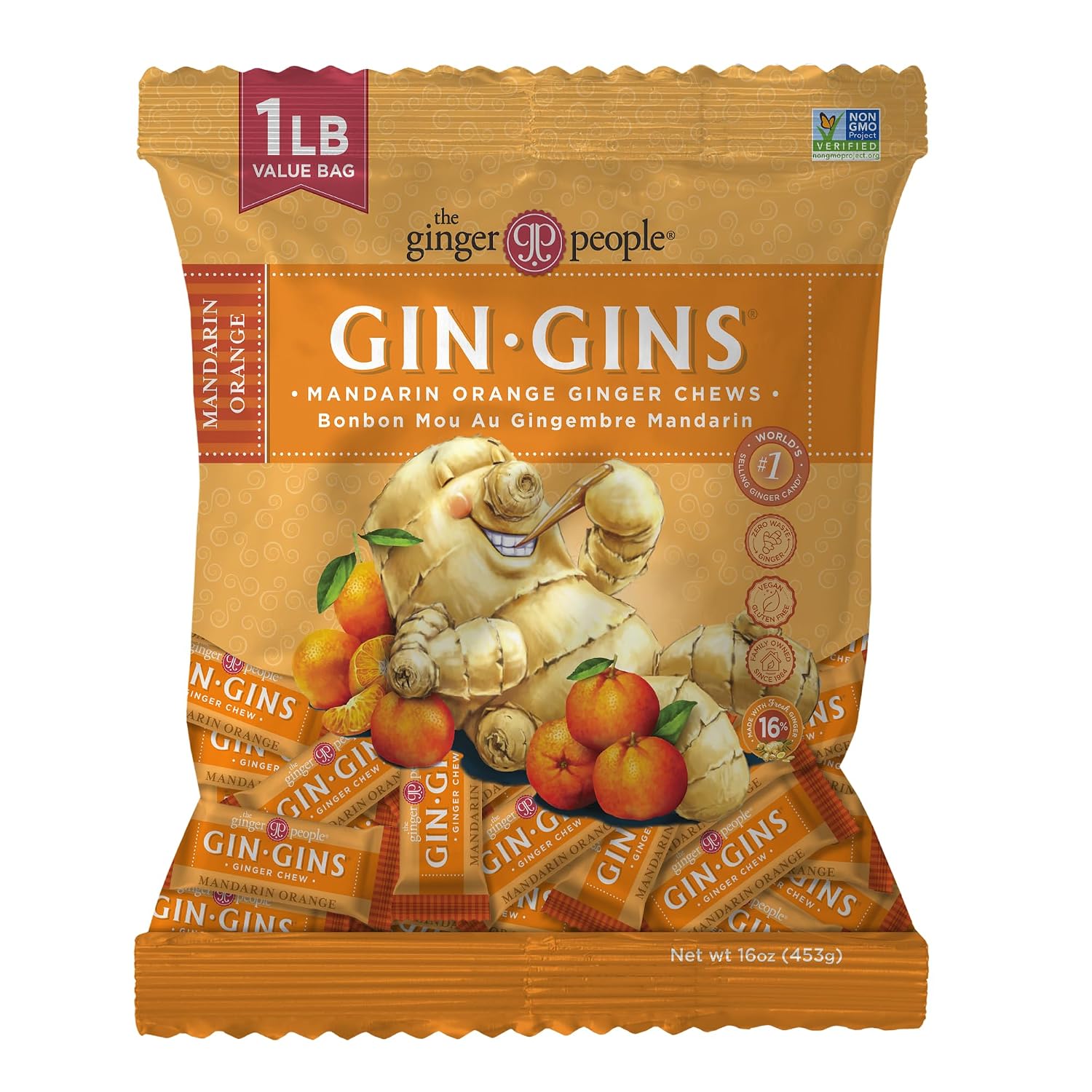 GIN GINS Mandarin Orange Ginger Chews Made w/Fresh Ginger 1lb 1Pk