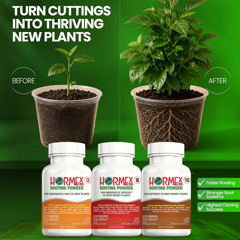 Hormex Rooting Hormone Powder #3, #8, #16 - Soft to Hardwood Plant Cuttings