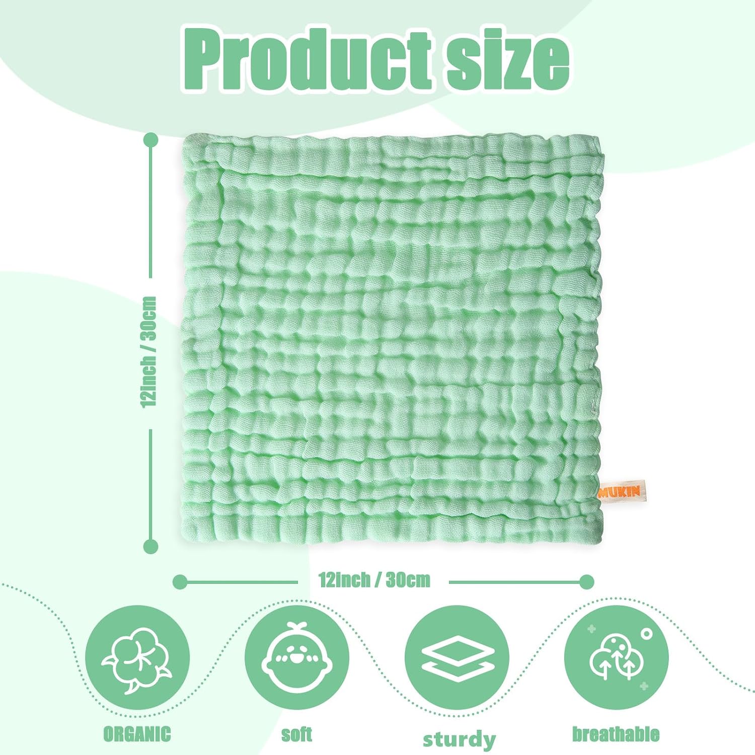 MUKIN Baby Washcloths - Soft Face Cloths for Newborn, Absorbent Bath Face Towels, Baby Wipes, Burp Cloths or Face Towels, Baby Registry as Shower. Pack of 6-12x12 inches (Green)