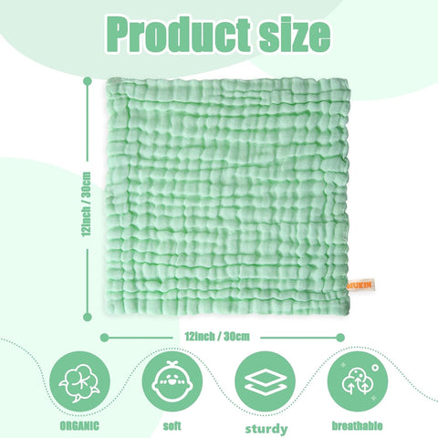 MUKIN Baby Washcloths - Soft Face Cloths for Newborn, Absorbent Bath Face Towels, Baby Wipes, Burp Cloths or Face Towels, Baby Registry as Shower. Pack of 6-12x12 inches (Green)
