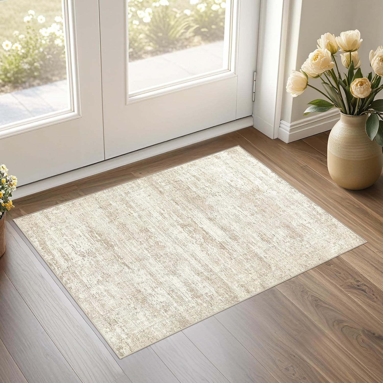 UERMEI 2x3 Entryway Area Rug: Washable Neutral Modern Abstract Small Rug - Non-Slip Low Pile Throw Indoor Carpet for Entrance Kitchen Front Door Mat Bathroom Entry Kids Room - Dark Brown - Beige/Brown