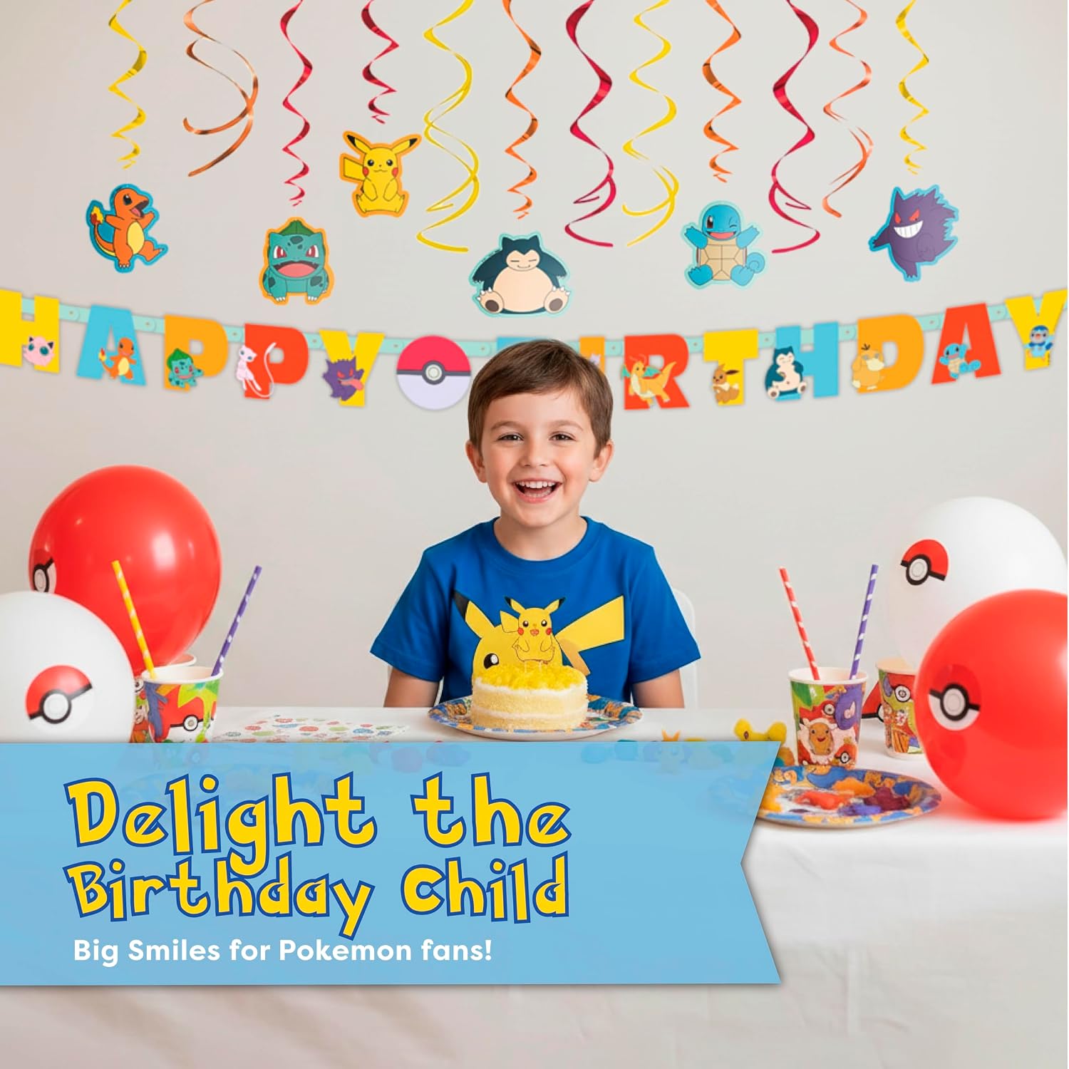 Pokemon Birthday Decorations Party Supplies - Happy Birthday Banner, Swirls