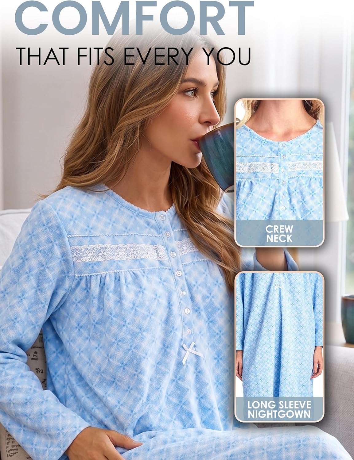 Casual Nights Women's Cozy Long Sleeve Fleece Nightgown