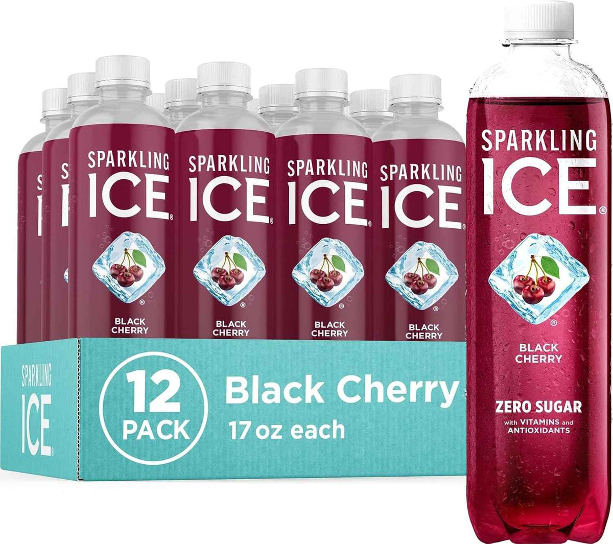 Sparkling Ice, Black Cherry Sparkling Water, Zero Sugar Flavored Water, with Vitamins and Antioxidants, Low Calorie Beverage, 17 fl oz Bottles (Pack of 12)