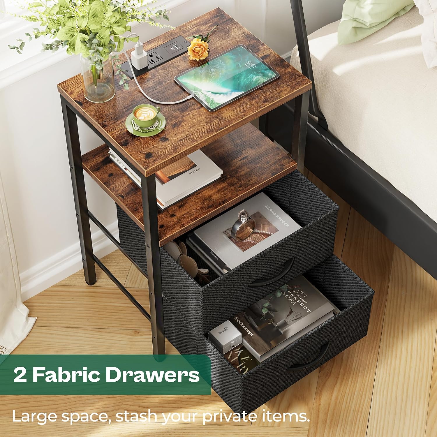 Huuger Nightstands Set of 2, End Tables with Charging Station, Side Table