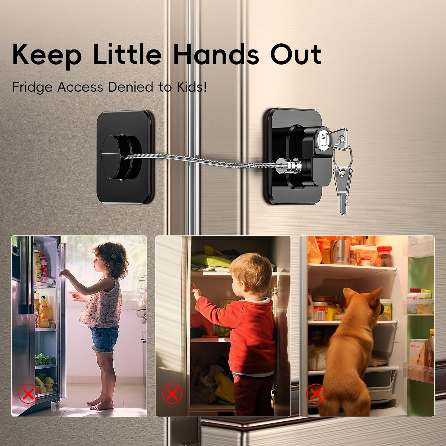 2 Pack Refrigerator Locks with 4 Keys, Child Safety Lock for Fridge Door Locks, Cabinets, Freezer, Desk Drawers, Wardrobes, Closets, Windows-No Tools Need or Drill (Patent)