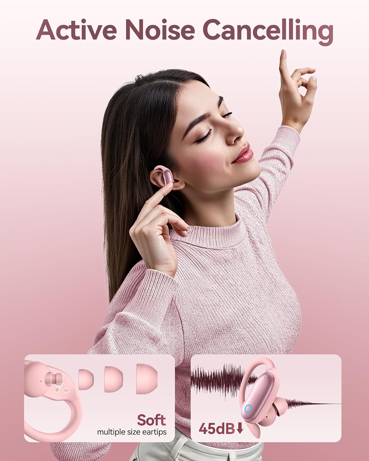 GNMN Active Noise Cancelling Ear Buds Wireless Earbuds 96hrs Playback Bluetooth Headphones Dual Battery Display Stereo Bass Earphones with Earhooks Microphone IPX7 Waterproof