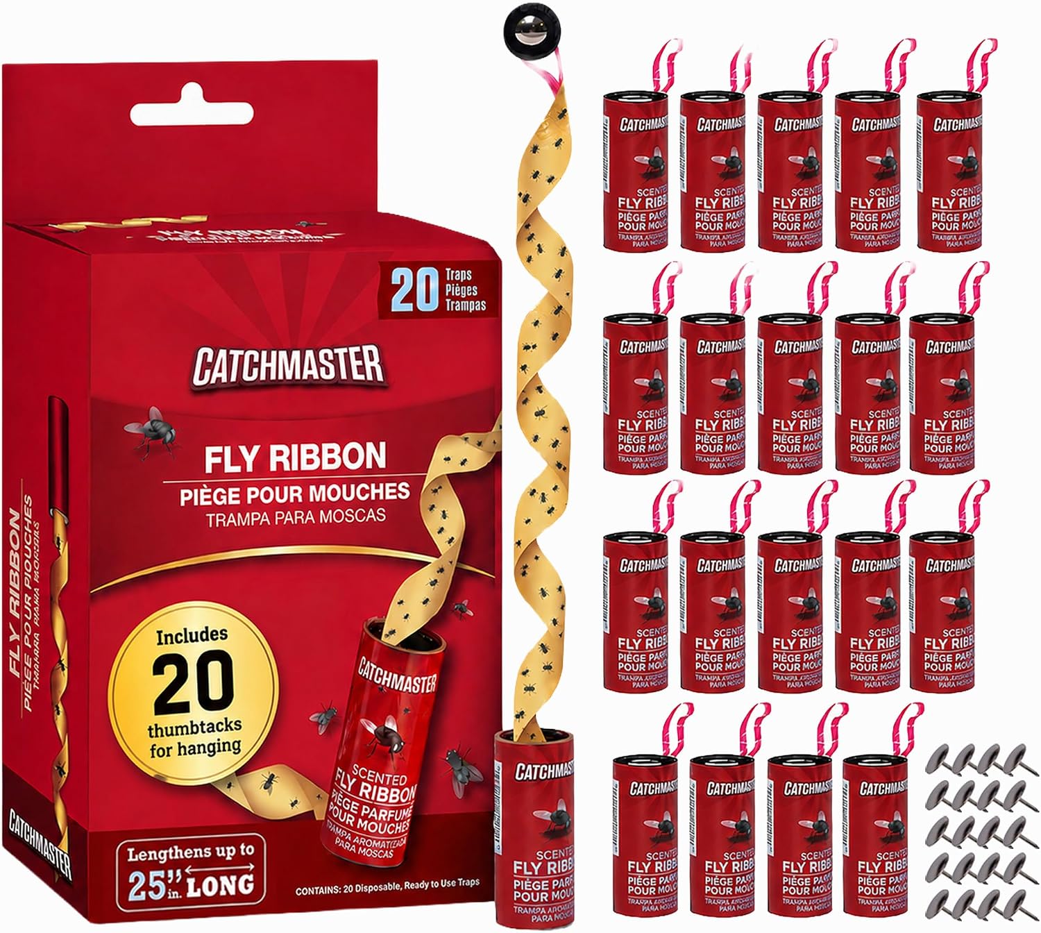 Catchmaster Fly Ribbon 20 Pack, Fly Strips Indoor Sticky Hanging Fly Tape