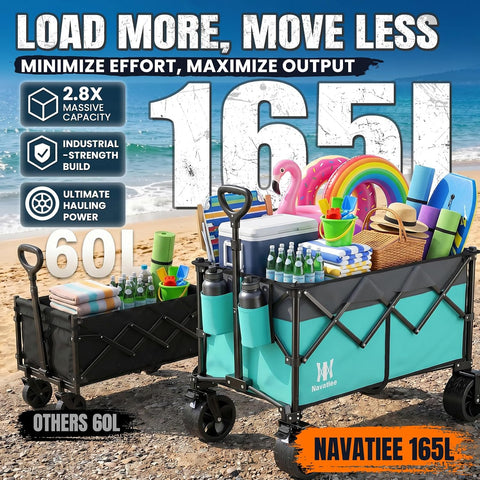 Navatiee 330Lbs Collapsible Folding Wagon, Beach Wagon Cart Heavy Duty Foldable with Big Wheels, Utility Grocery Wagon with 165L Large Capacity for Camping Garden Sports, Light Blue