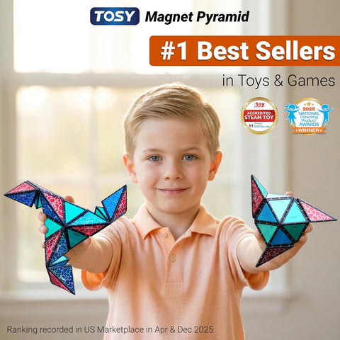 TOSY Magnet Pyramid Stone - 1 Cube Transforms into 1 Billion Shapes, 12 Pieces, 243 Rare Earth Magnets, Holographic Design Magnet Tiles Creative Puzzle STEM/STEAM Toy